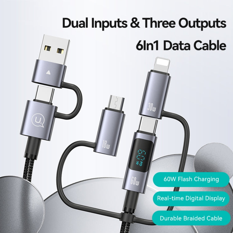 USAMS 60W 6 in 1 Digital Display Fast Charging Cable, Length:1.2m(Titanium Gray) - Multifunction Cable by USAMS | Online Shopping UK | buy2fix