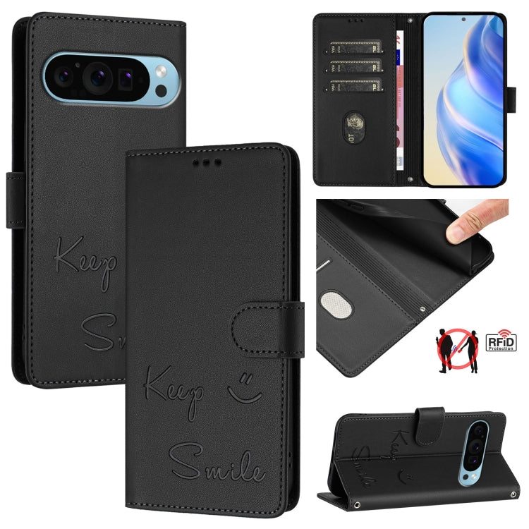 For Google Pixel 9 / Pixel 9 Pro Smile Embossing RFID Leather Phone Case(Black) - Google Cases by buy2fix | Online Shopping UK | buy2fix