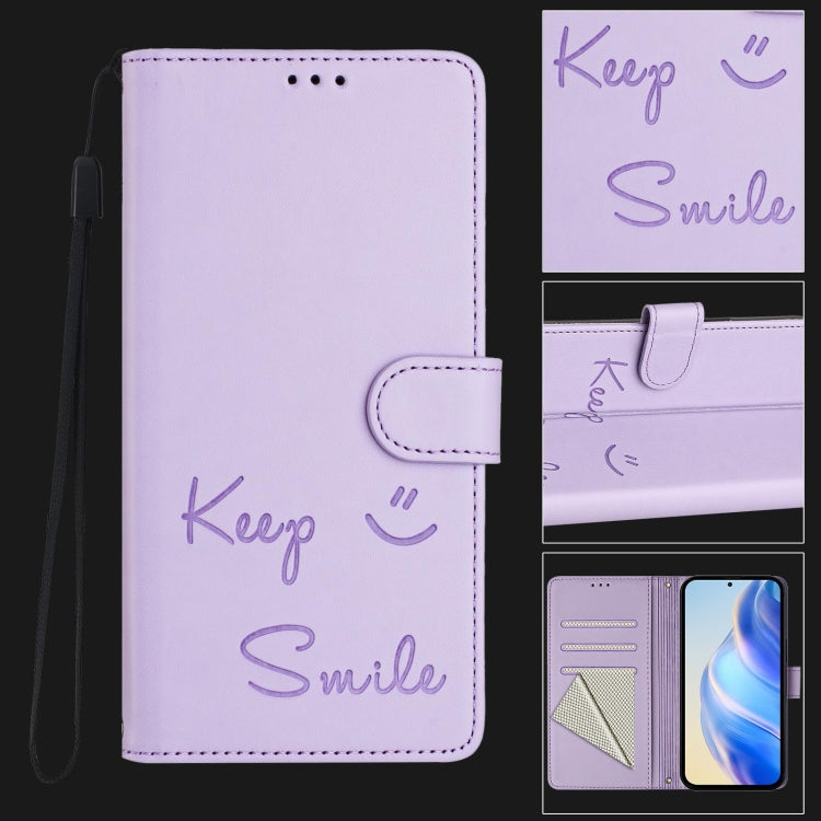 For Google Pixel 9 / Pixel 9 Pro Smile Embossing RFID Leather Phone Case(Light Purple) - Google Cases by buy2fix | Online Shopping UK | buy2fix