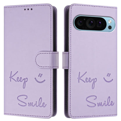 For Google Pixel 9 / Pixel 9 Pro Smile Embossing RFID Leather Phone Case(Light Purple) - Google Cases by buy2fix | Online Shopping UK | buy2fix