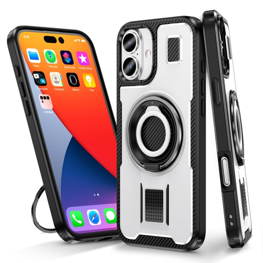 For iPhone 16 Plus Ring Holder Carbon Fiber PC Hybrid TPU Phone Case(White) - iPhone 16 Plus Cases by buy2fix | Online Shopping UK | buy2fix