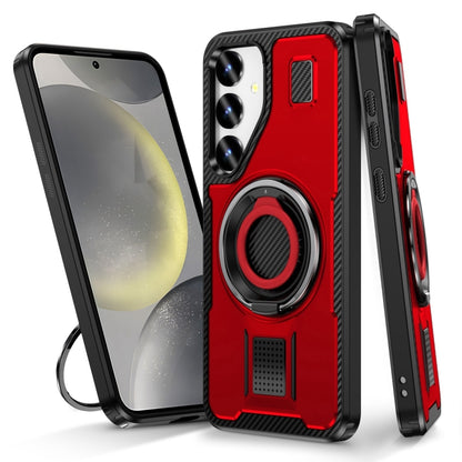 For Samsung Galaxy S25 5G Ring Holder Carbon Fiber PC Hybrid TPU Phone Case(Red) - Galaxy S25 5G Cases by buy2fix | Online Shopping UK | buy2fix