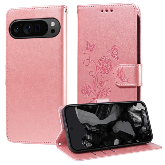 For Google Pixel 9 Pro XL Embossed Butterfly Flowers Leather Phone Case(Rose Gold) - Google Cases by buy2fix | Online Shopping UK | buy2fix