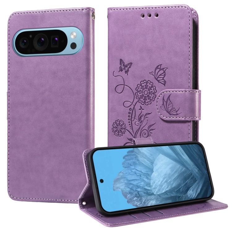 For Google Pixel 9 / 9 Pro Embossed Butterfly Flowers Leather Phone Case(Purple) - Google Cases by buy2fix | Online Shopping UK | buy2fix