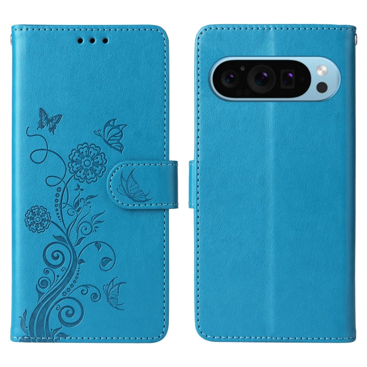 For Google Pixel 9 / 9 Pro Embossed Butterfly Flowers Leather Phone Case(Blue) - Google Cases by buy2fix | Online Shopping UK | buy2fix