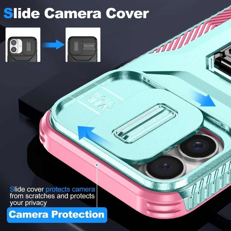 For iPhone 16 Plus Sliding Camshield Holder Phone Case(Grey Green + Pink) - iPhone 16 Plus Cases by buy2fix | Online Shopping UK | buy2fix