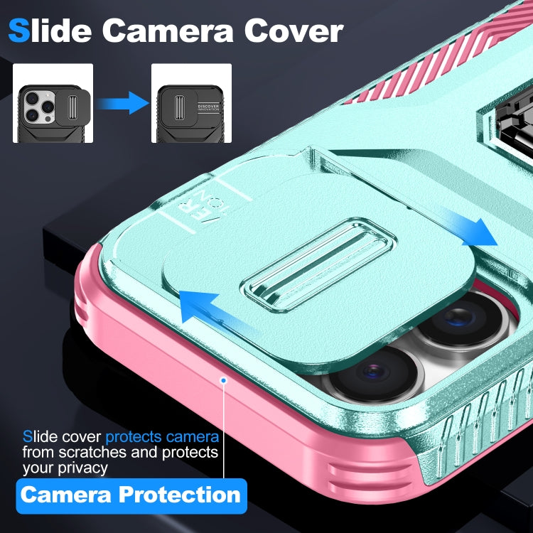 For iPhone 16 Pro Sliding Camshield Holder Phone Case(Grey Green + Pink) - iPhone 16 Pro Cases by buy2fix | Online Shopping UK | buy2fix