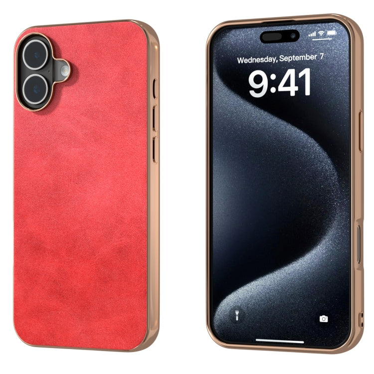 For iPhone 16 Plus Nano Electroplating Dual Color Cowhide Texture Protective Phone Case(Red) - iPhone 16 Plus Cases by buy2fix | Online Shopping UK | buy2fix