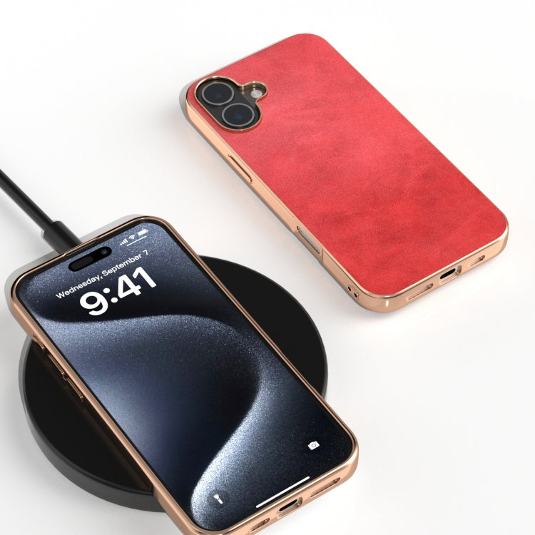 For iPhone 16 Plus Nano Electroplating Dual Color Cowhide Texture Protective Phone Case(Red) - iPhone 16 Plus Cases by buy2fix | Online Shopping UK | buy2fix