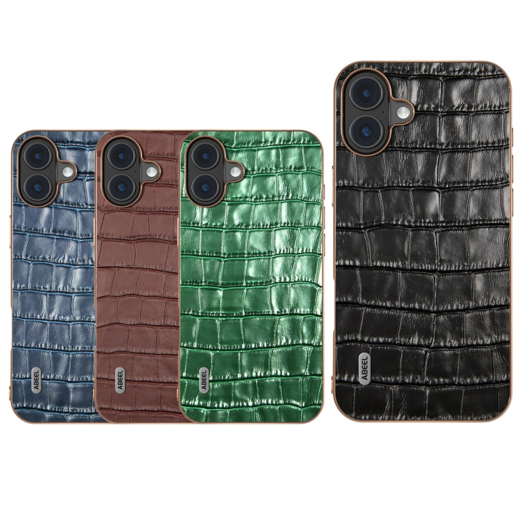 For iPhone 16 ABEEL Electroplating Frame Crocodile Texture Genuine Leather Phone Case(Green) - iPhone 16 Cases by buy2fix | Online Shopping UK | buy2fix