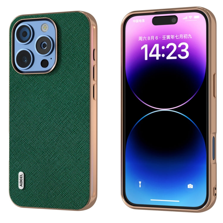 For iPhone 16 Pro Max ABEEL Electroplating Frame Cross Texture Genuine Leather Phone Case(Green) - iPhone 16 Pro Max Cases by buy2fix | Online Shopping UK | buy2fix