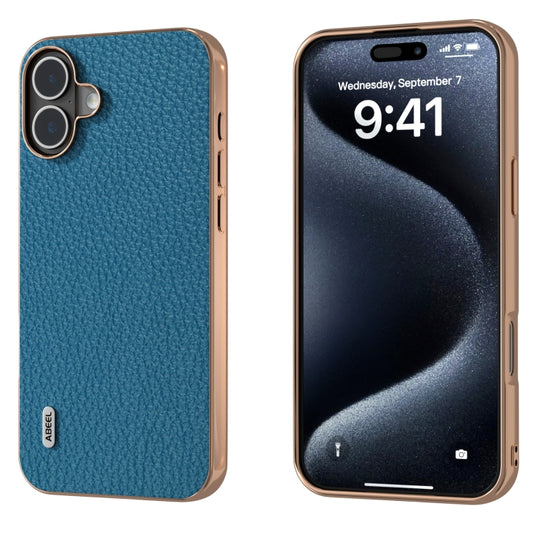 For iPhone 16 ABEEL Electroplating Frame Genuine Leather Litchi Texture Phone Case(Blue) - iPhone 16 Cases by buy2fix | Online Shopping UK | buy2fix