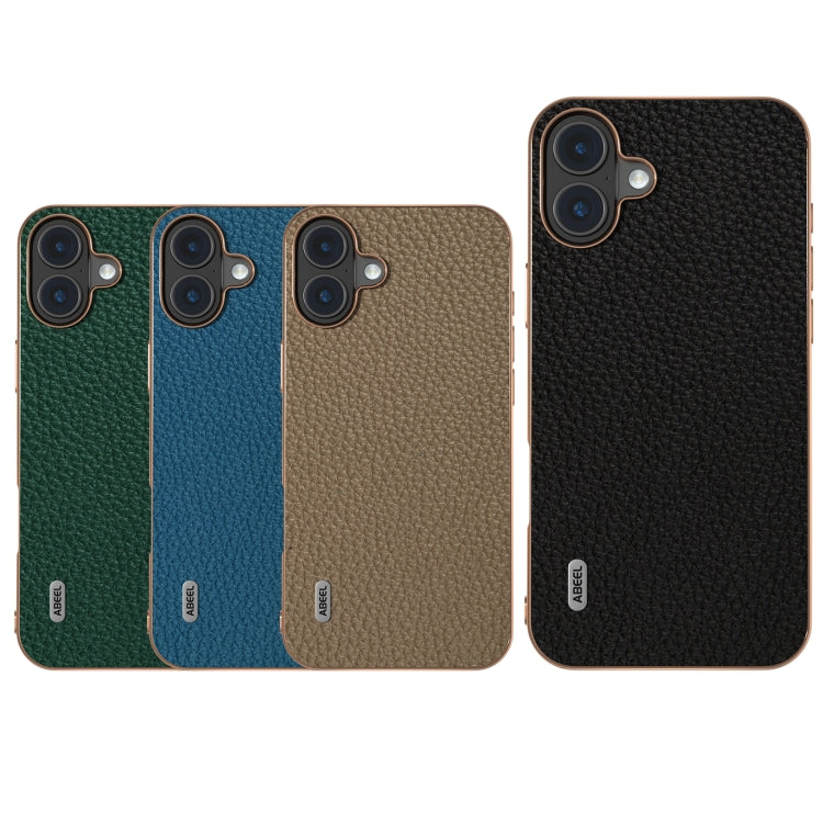 For iPhone 16 ABEEL Electroplating Frame Genuine Leather Litchi Texture Phone Case(Blue) - iPhone 16 Cases by buy2fix | Online Shopping UK | buy2fix