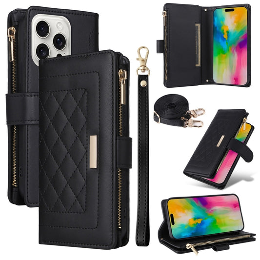 For iPhone 16 Pro Max Crossbody Zipper Wallet Rhombus Leather Phone Case(Black) - iPhone 16 Pro Max Cases by buy2fix | Online Shopping UK | buy2fix