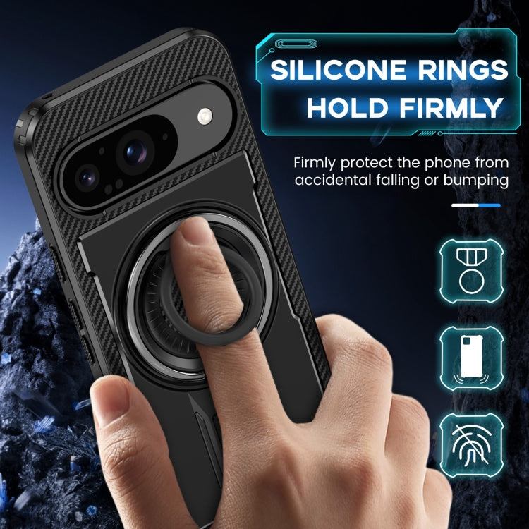 For Google Pixel 9 / 9 Pro Ring Holder Carbon Fiber PC Hybrid TPU Phone Case(Black) - Google Cases by buy2fix | Online Shopping UK | buy2fix