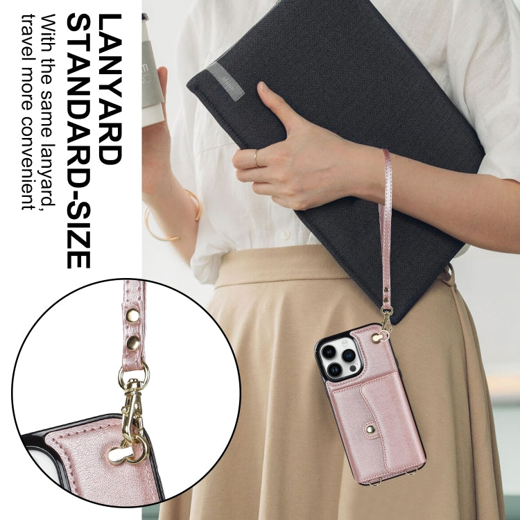 For iPhone 16 Pro RFID Card Slot Phone Case with Long Lanyard(Rose Gold) - iPhone 16 Pro Cases by buy2fix | Online Shopping UK | buy2fix