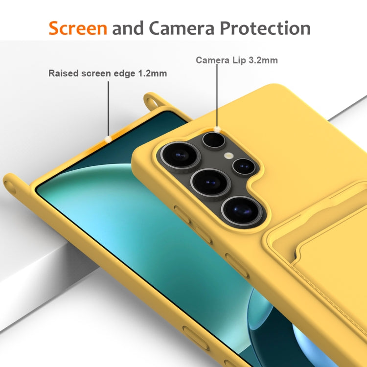 For Samsung Galaxy S25 Ultra 5G Integrated Card Bag Solid Color Liquid Silicone Phone Case with Lanyard(Yellow) - Galaxy S25 Ultra 5G Cases by buy2fix | Online Shopping UK | buy2fix