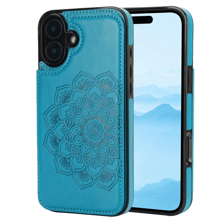 For iPhone 16 Double Buckle Mandala Leather Wallet Back Cover Phone Case(Blue) - iPhone 16 Cases by buy2fix | Online Shopping UK | buy2fix