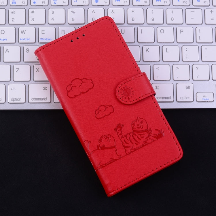 For iPhone 16 Cute Cats RFID Leather Phone Case(Red) - iPhone 16 Cases by buy2fix | Online Shopping UK | buy2fix