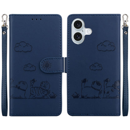 For iPhone 16 Cute Cats RFID Leather Phone Case(Blue) - iPhone 16 Cases by buy2fix | Online Shopping UK | buy2fix