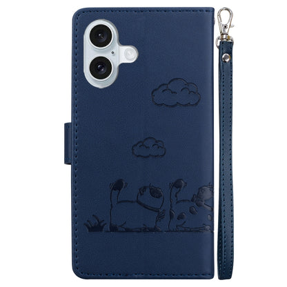 For iPhone 16 Cute Cats RFID Leather Phone Case(Blue) - iPhone 16 Cases by buy2fix | Online Shopping UK | buy2fix