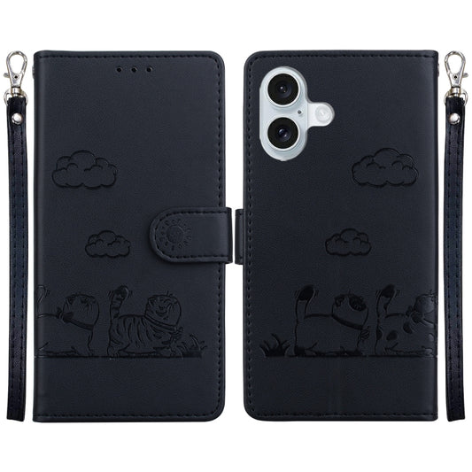 For iPhone 16 Cute Cats RFID Leather Phone Case(Black) - iPhone 16 Cases by buy2fix | Online Shopping UK | buy2fix