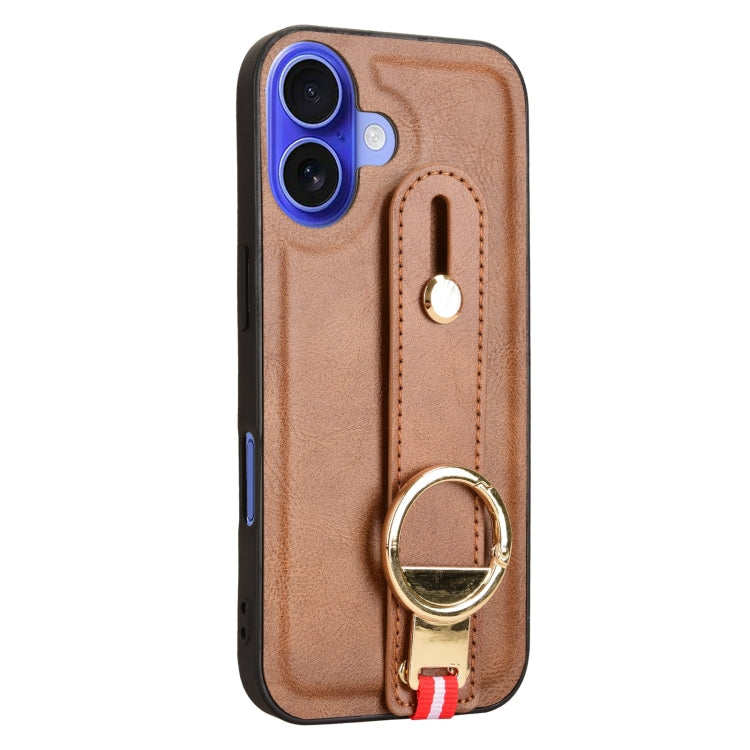 For iPhone 16 Wristband Leather Back Phone Case(Brown) - iPhone 16 Cases by buy2fix | Online Shopping UK | buy2fix