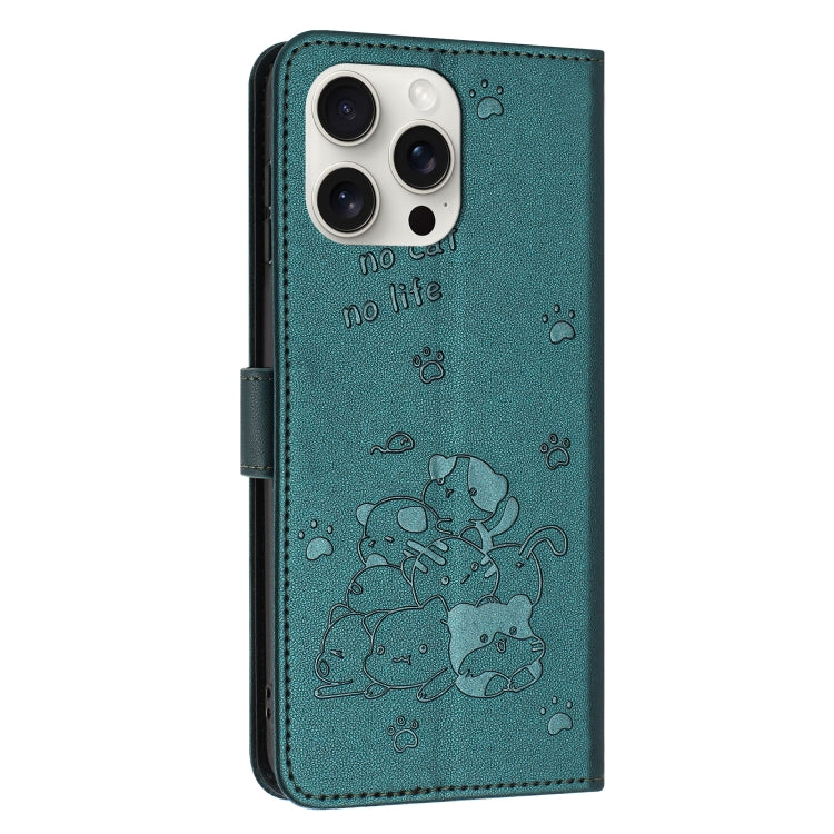 For iPhone 16 Pro Embossed Kitten Phone Leather Case with Lanyard(Dark Green) - iPhone 16 Pro Cases by buy2fix | Online Shopping UK | buy2fix