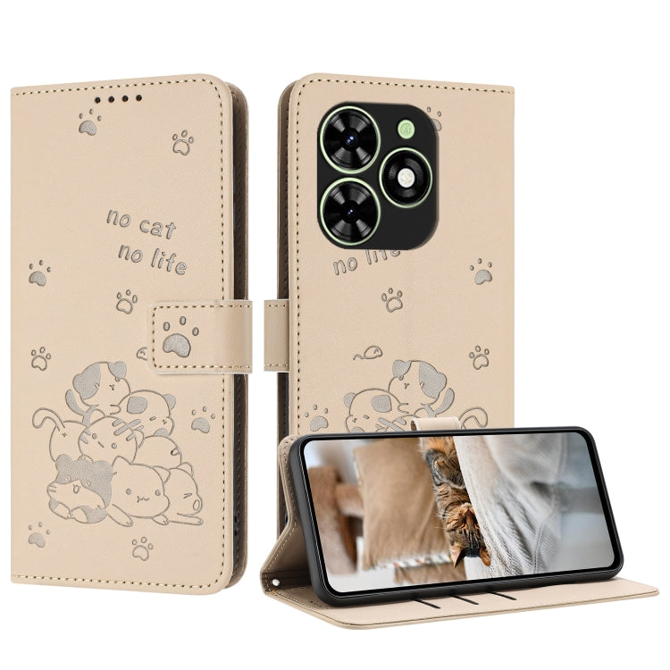 For Tecno Spark Go 2024 4G Embossed Kitten Phone Leather Case with Lanyard(Beige) - Tecno Cases by buy2fix | Online Shopping UK | buy2fix