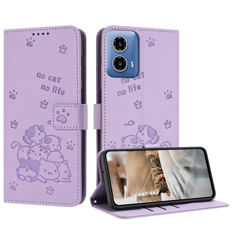 For Motorola Edge 2024 5G Embossed Kitten Phone Leather Case with Lanyard(Purple) - Motorola Cases by buy2fix | Online Shopping UK | buy2fix