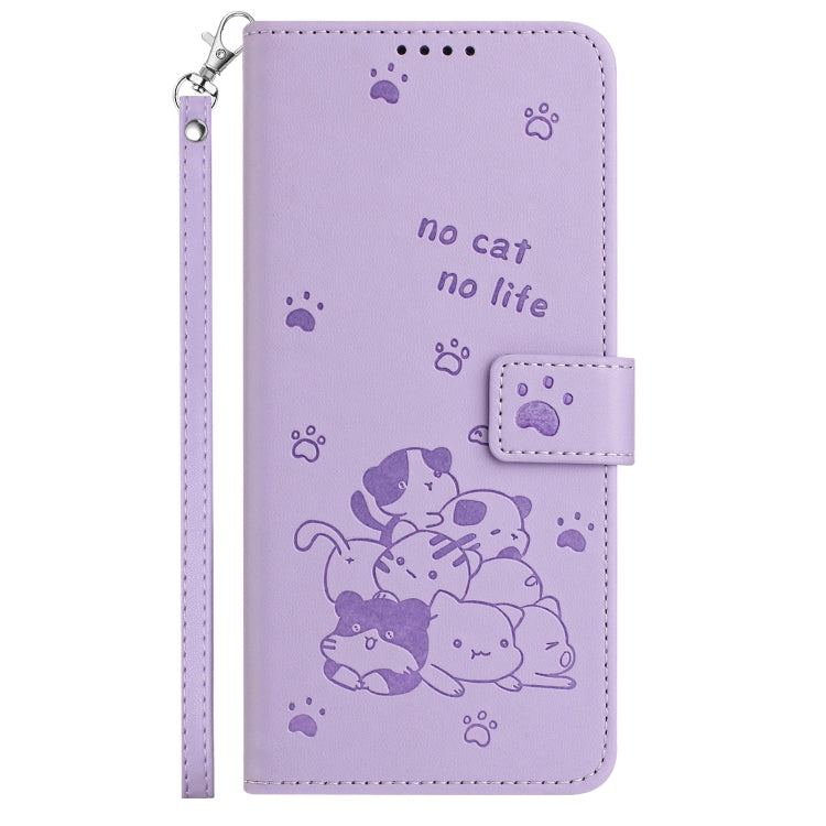 For Motorola Edge 2024 5G Embossed Kitten Phone Leather Case with Lanyard(Purple) - Motorola Cases by buy2fix | Online Shopping UK | buy2fix