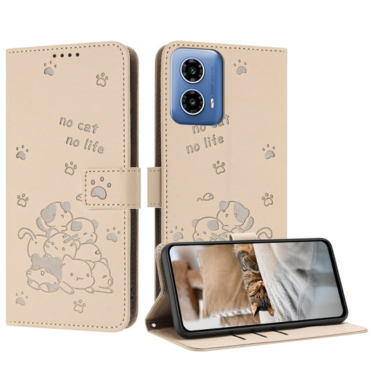 For Motorola Edge 2024 5G Embossed Kitten Phone Leather Case with Lanyard(Beige) - Motorola Cases by buy2fix | Online Shopping UK | buy2fix