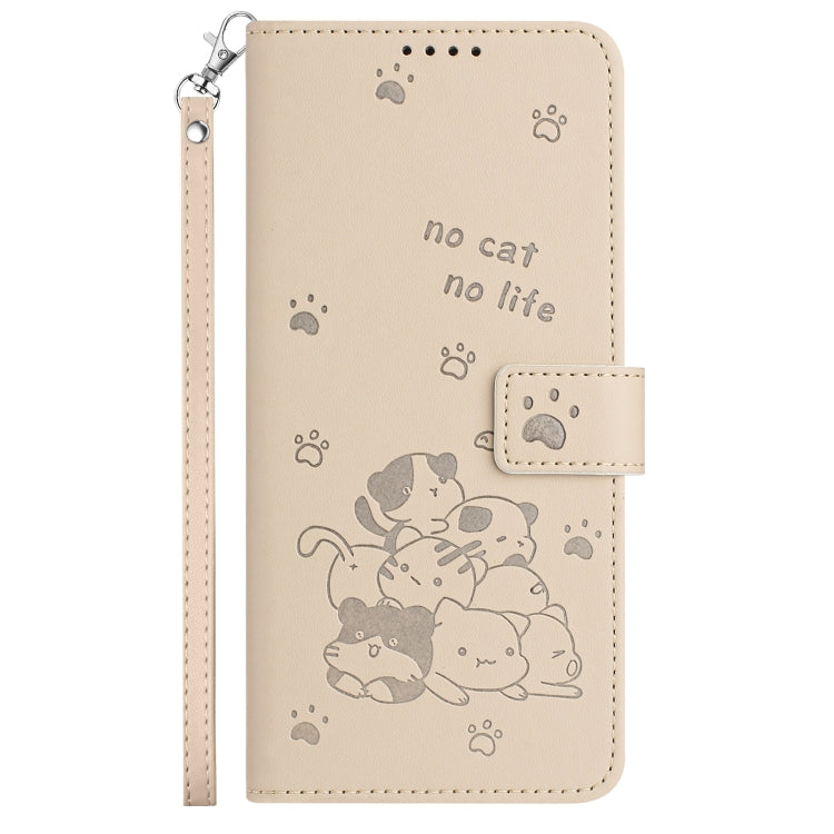 For Motorola Edge 2024 5G Embossed Kitten Phone Leather Case with Lanyard(Beige) - Motorola Cases by buy2fix | Online Shopping UK | buy2fix