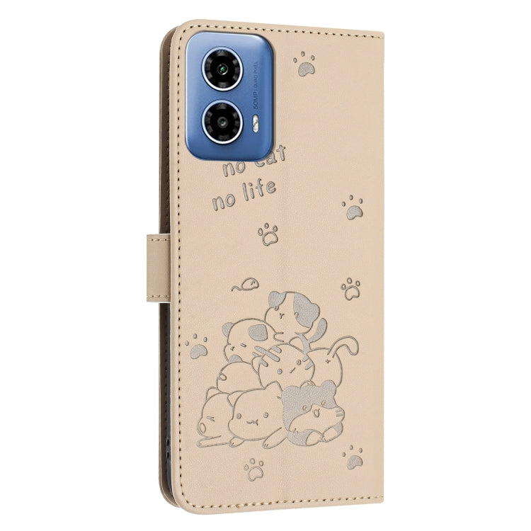 For Motorola Edge 2024 5G Embossed Kitten Phone Leather Case with Lanyard(Beige) - Motorola Cases by buy2fix | Online Shopping UK | buy2fix