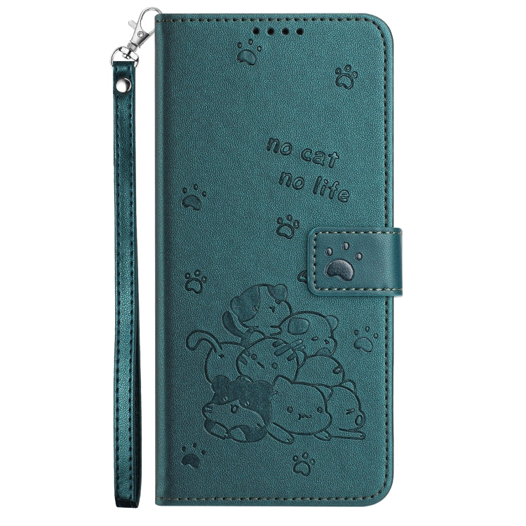 For Motorola Moto G 5G 2024 Embossed Kitten Phone Leather Case with Lanyard(Dark Green) - Motorola Cases by buy2fix | Online Shopping UK | buy2fix