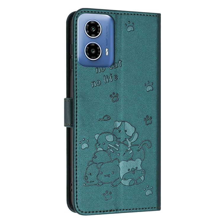 For Motorola Moto G 5G 2024 Embossed Kitten Phone Leather Case with Lanyard(Dark Green) - Motorola Cases by buy2fix | Online Shopping UK | buy2fix