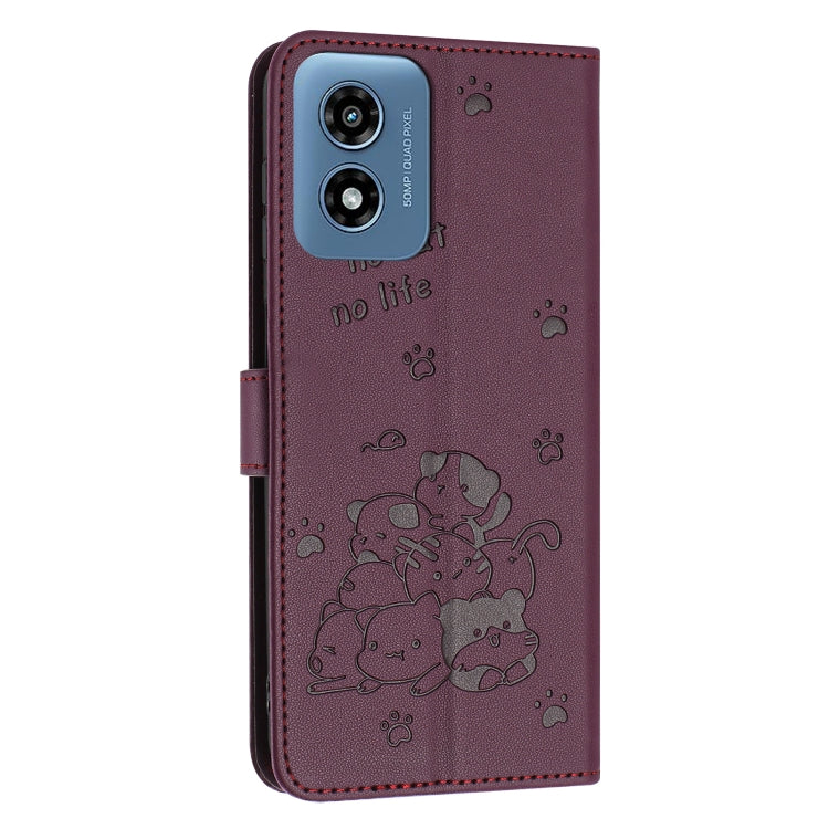 For Motorola Moto G Play 4G 2024 Embossed Kitten Phone Leather Case with Lanyard(Wine Red) - Motorola Cases by buy2fix | Online Shopping UK | buy2fix