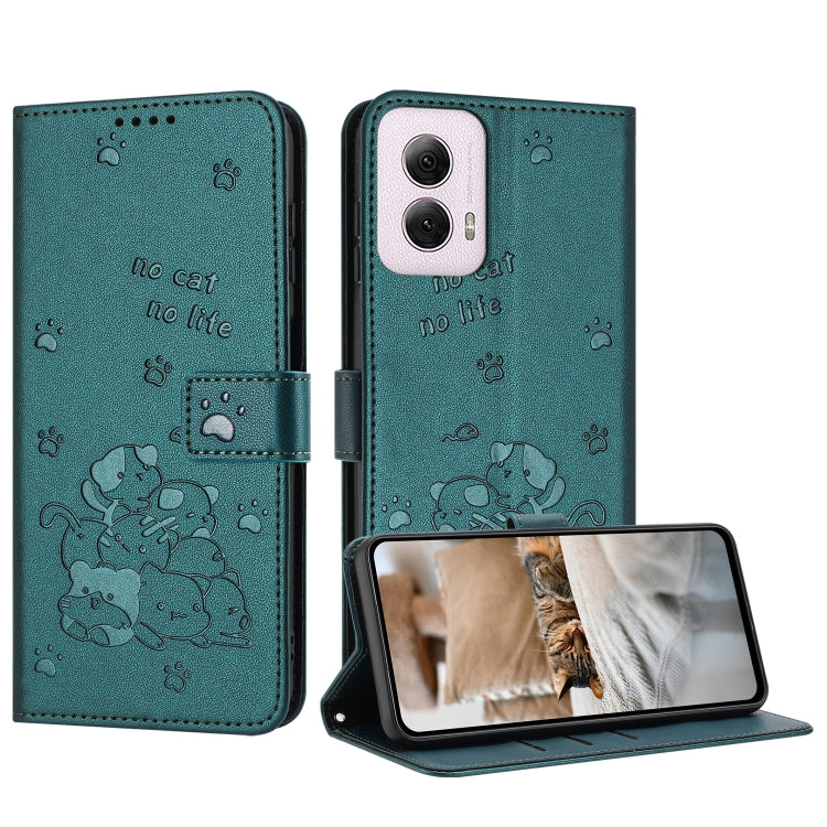 For Motorola Moto G Power 5G 2024 Embossed Kitten Phone Leather Case with Lanyard(Dark Green) - Motorola Cases by buy2fix | Online Shopping UK | buy2fix