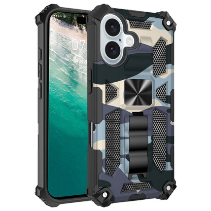 For iPhone 16 Plus Camouflage Armor Kickstand TPU Hybrid PC Magnetic Phone Case(Navy Blue) - iPhone 16 Plus Cases by buy2fix | Online Shopping UK | buy2fix