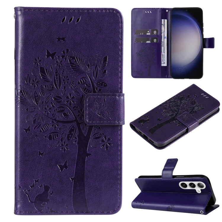 For Samsung Galaxy S25 / S24 5G Tree & Cat Embossed Pattern Flip Leather Phone Case(Purple) - Galaxy S25 5G Cases by buy2fix | Online Shopping UK | buy2fix