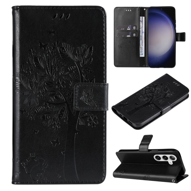 For Samsung Galaxy S25 / S24 5G Tree & Cat Embossed Pattern Flip Leather Phone Case(Black) - Galaxy S25 5G Cases by buy2fix | Online Shopping UK | buy2fix