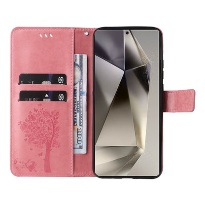 For Samsung Galaxy S25 Ultra 5G Tree & Cat Embossed Pattern Flip Leather Phone Case(Pink) - Galaxy S25 Ultra 5G Cases by buy2fix | Online Shopping UK | buy2fix