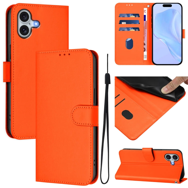 For iPhone 16 Plus Skin Feel Solid Color Leather Phone Case with Lanyard(Orange) - iPhone 16 Plus Cases by buy2fix | Online Shopping UK | buy2fix