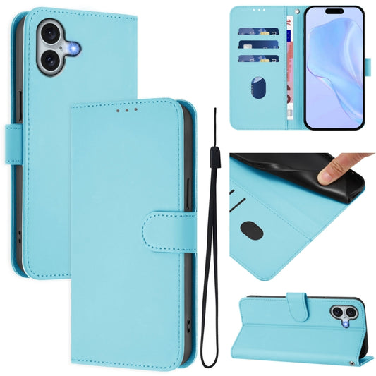 For iPhone 16 Plus Skin Feel Solid Color Leather Phone Case with Lanyard(Sky Blue) - iPhone 16 Plus Cases by buy2fix | Online Shopping UK | buy2fix