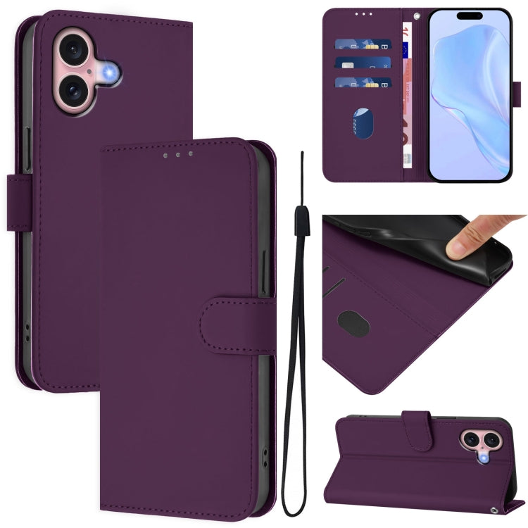 For iPhone 16 Skin Feel Solid Color Leather Phone Case with Lanyard(Violet) - iPhone 16 Cases by buy2fix | Online Shopping UK | buy2fix