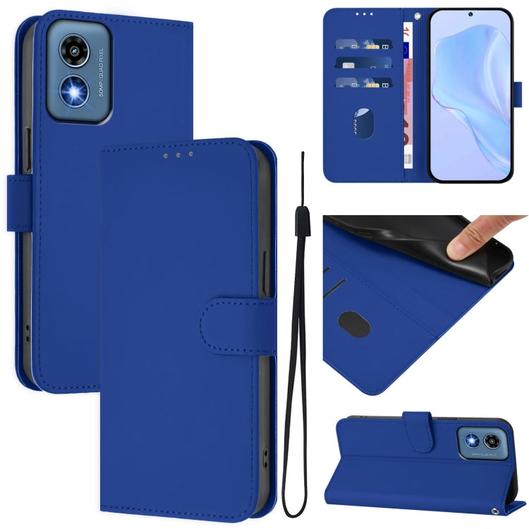 For Motorola Moto G Play 5G 2024 Global Skin Feel Solid Color Leather Phone Case with Lanyard(Dark Blue) - Motorola Cases by buy2fix | Online Shopping UK | buy2fix