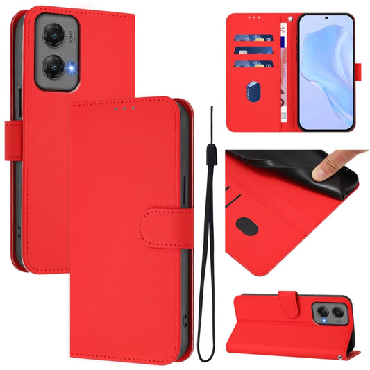 For Motorola Moto G Stylus 5G 2024 Skin Feel Solid Color Leather Phone Case with Lanyard(Red) - Motorola Cases by buy2fix | Online Shopping UK | buy2fix