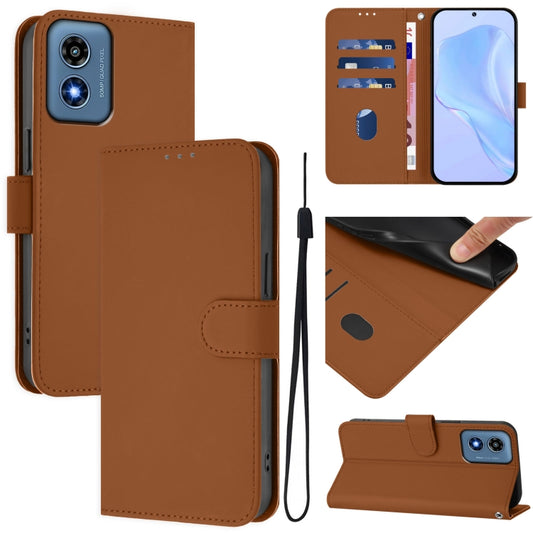 For Motorola Moto G Play 4G 2024 Global Skin Feel Solid Color Leather Phone Case with Lanyard(Brown) - Motorola Cases by buy2fix | Online Shopping UK | buy2fix