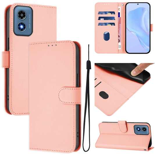 For Motorola Moto G Play 4G 2024 Global Skin Feel Solid Color Leather Phone Case with Lanyard(Pink) - Motorola Cases by buy2fix | Online Shopping UK | buy2fix