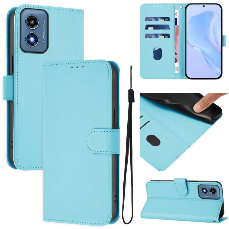 For Motorola Moto G Play 4G 2024 Global Skin Feel Solid Color Leather Phone Case with Lanyard(Sky Blue) - Motorola Cases by buy2fix | Online Shopping UK | buy2fix